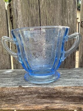 Vintage Indiana Glass Blue Recollection Sugar Bowl Two Handled Madrid Embossed
